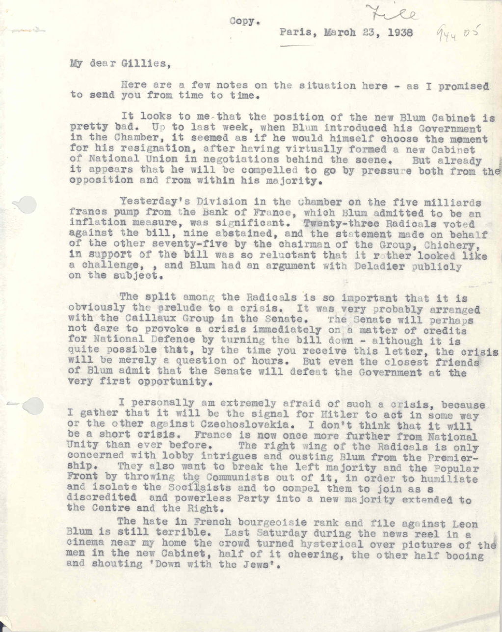 Notes on the political situation, 23 March 1938