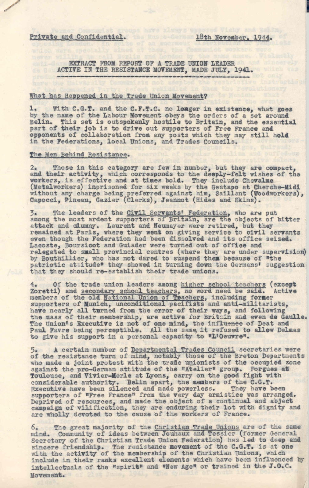 'Extract from report of a trade union leader active in the resistance movement, made July, 1941'