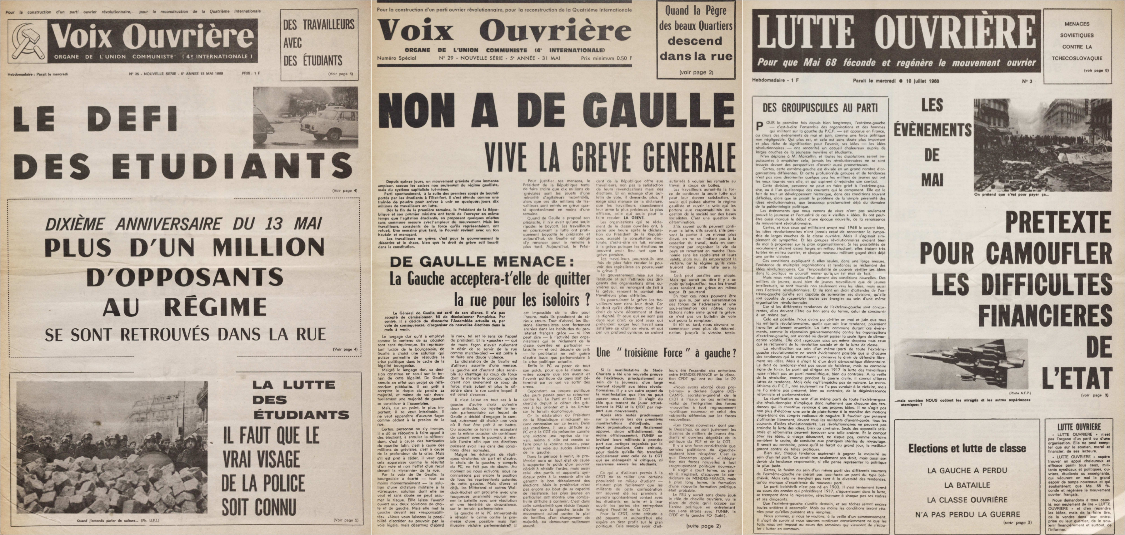 Front pages of newspapers reporting on events around May 1968