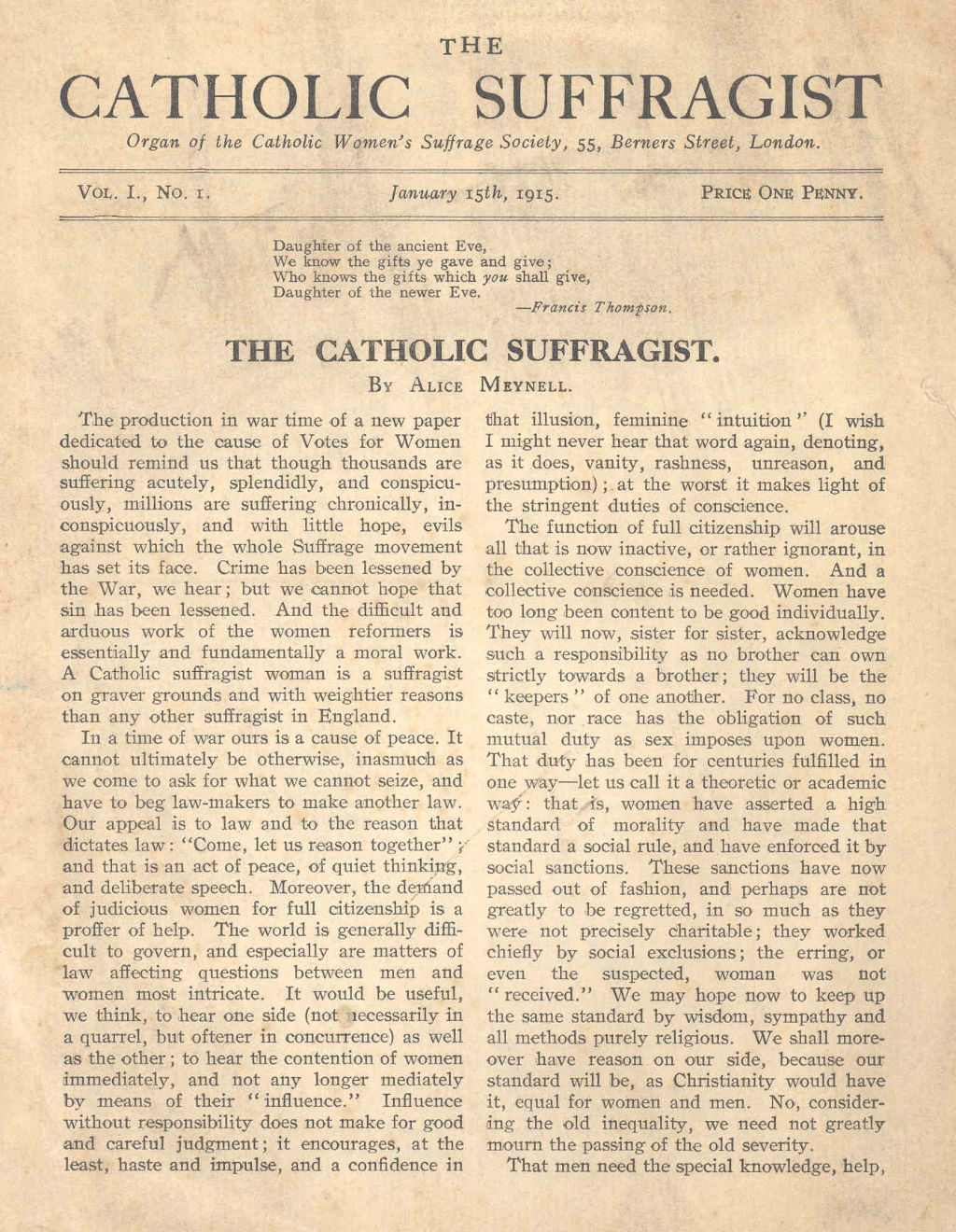 First issue of 'The Catholic Suffragist', journal of the Catholic Women's Suffrage Society, 15 January 1915