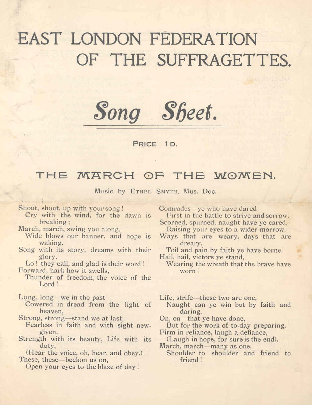 Song sheet sold by the East London Federation of the Suffragettes, undated