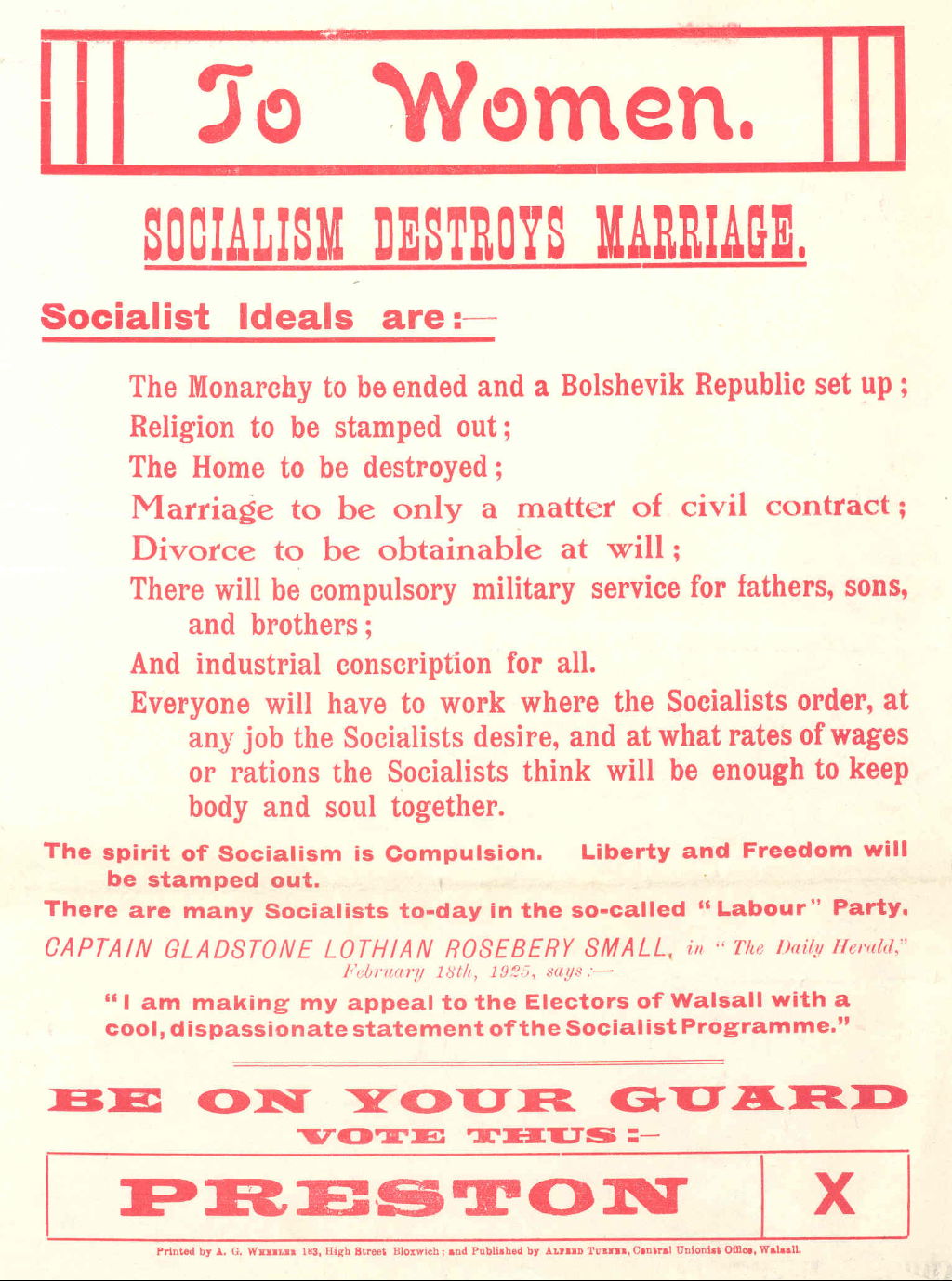 'To Women. Socialism Destroys Marriage', 1925