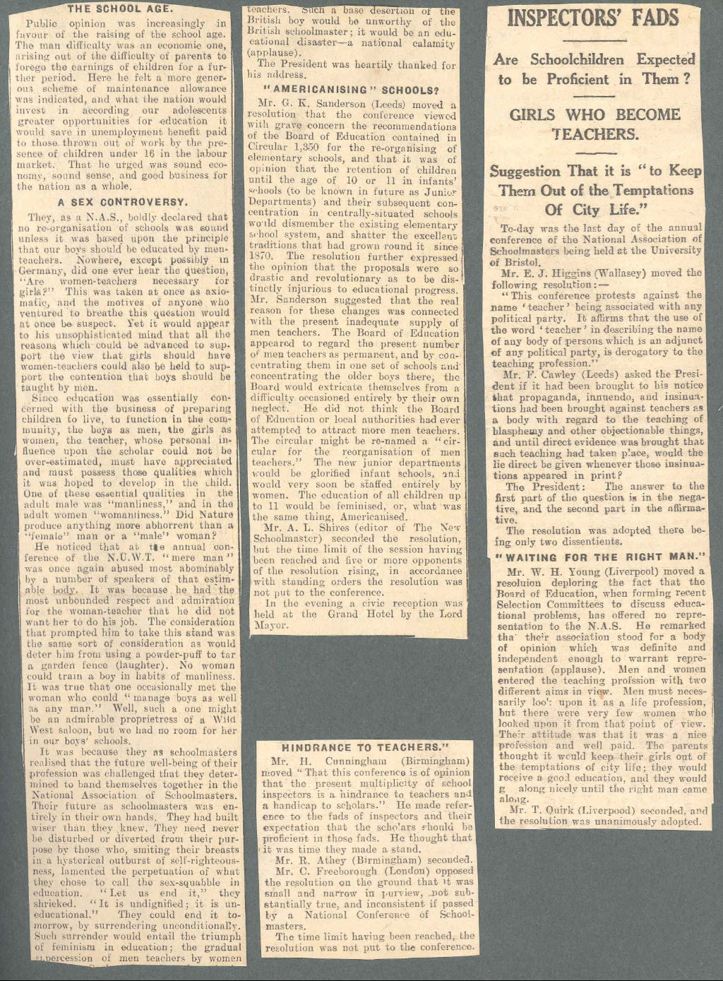 Press cuttings reporting a speech by the President of the National Association of Schoolmasters, 1927