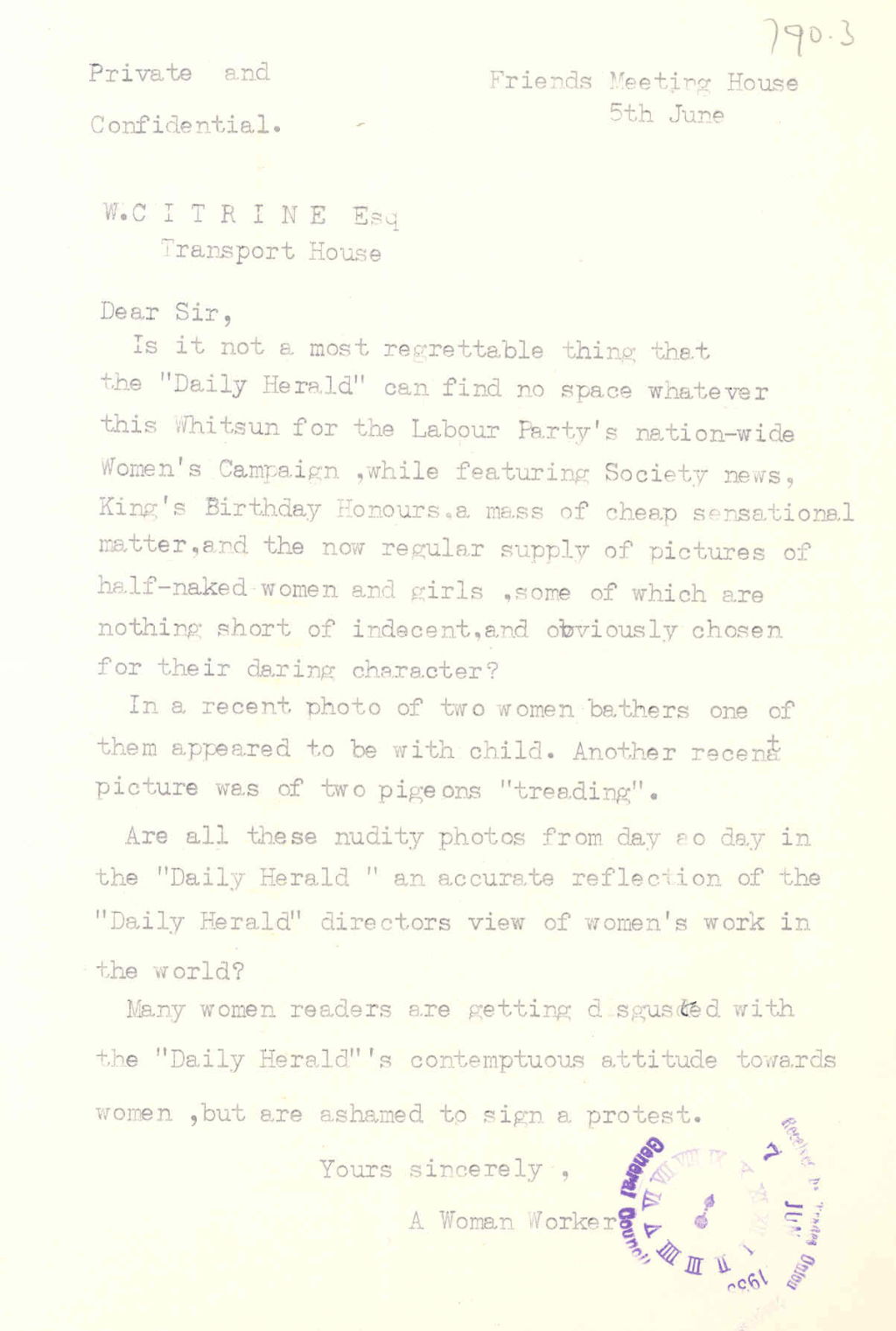 Letter about the representation of women in the 'Daily Herald', 1933