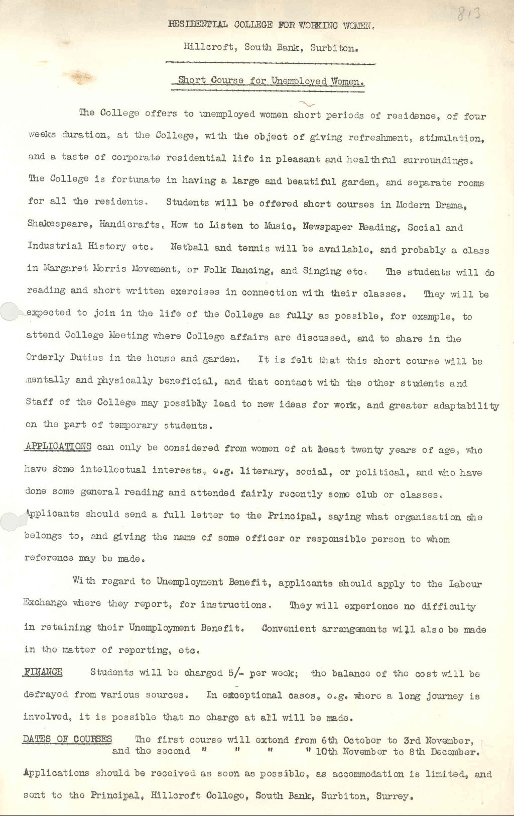 Information regarding a short course for unemployed women at Hillcroft Residential College for Working Women, Surbiton, 1933