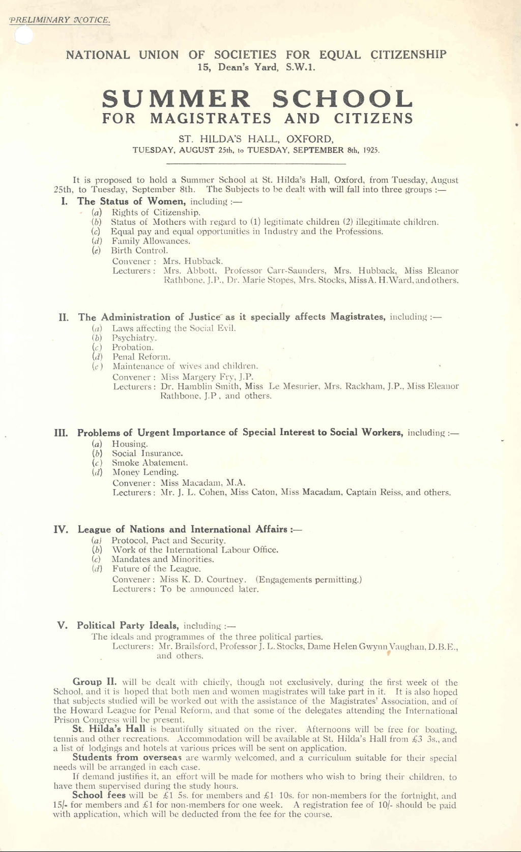 Preliminary notice of a summer school for magistrates and citizens, 1925