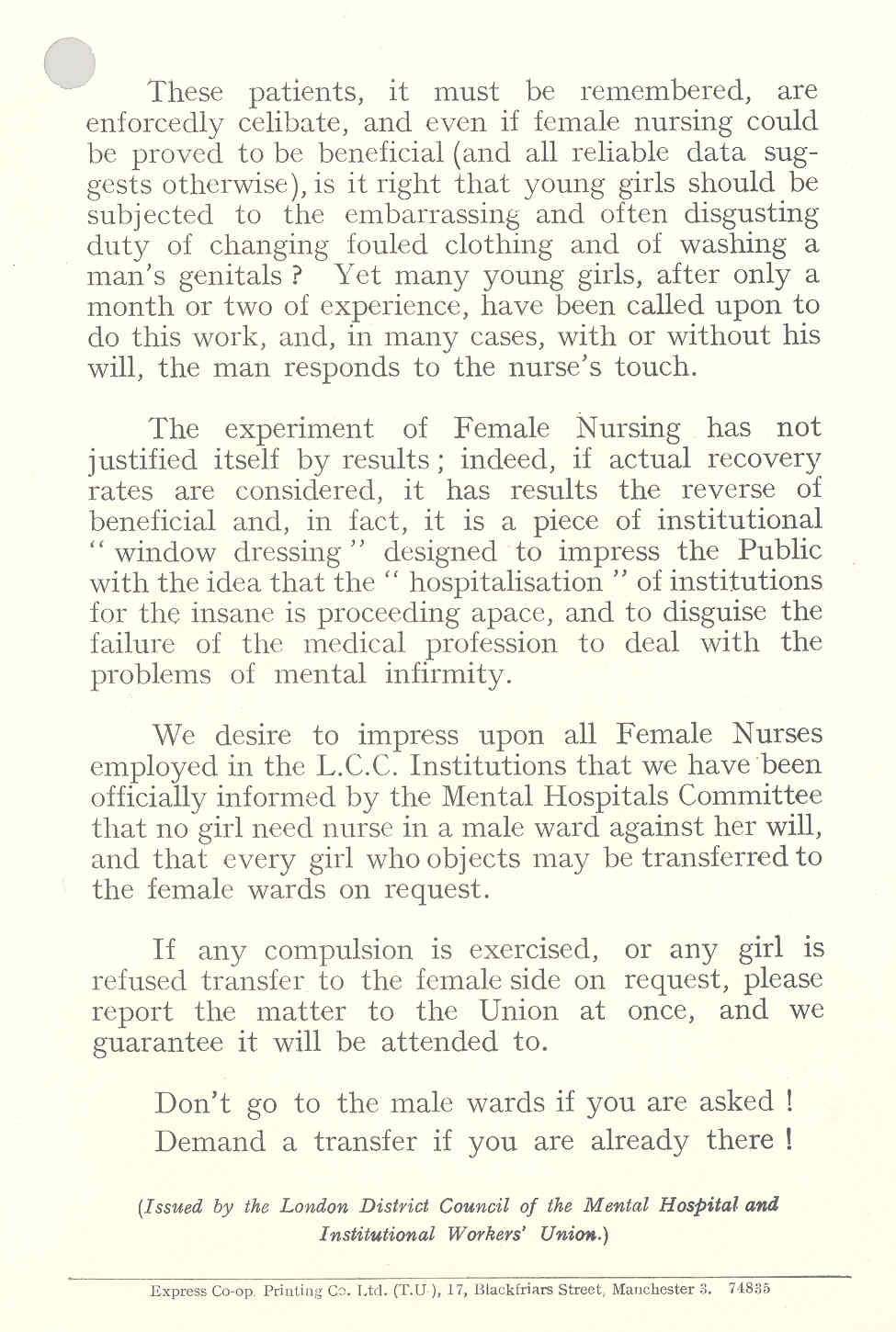 'Female nursing in male wards of mental hospitals: The position in London', undated [c.1936]