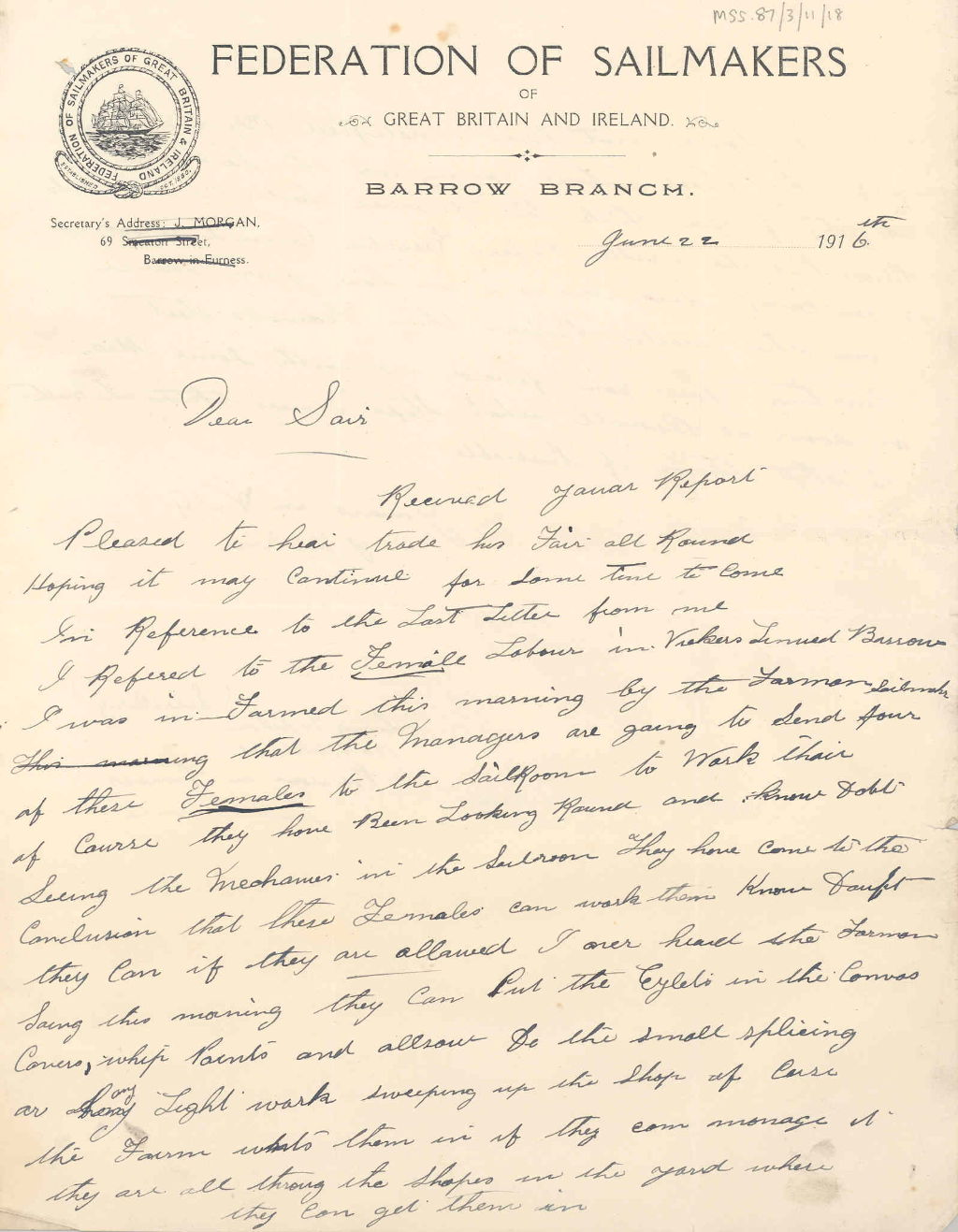 Letter from the Barrow branch of the Federation of Sailmakers, 22 June 1916