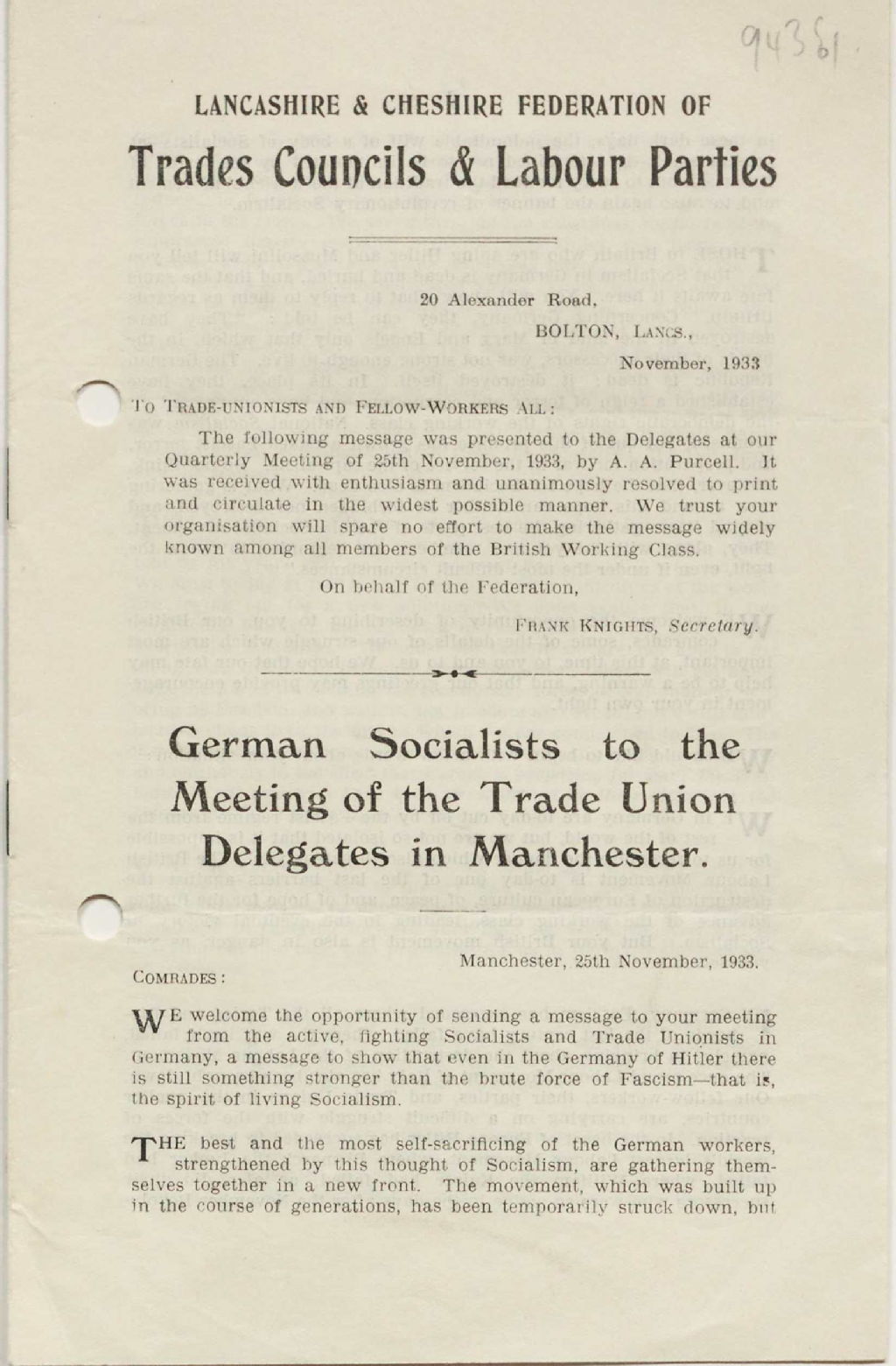 German socialists to the meeting of the Trade Union Delegates in Manchester, 1933