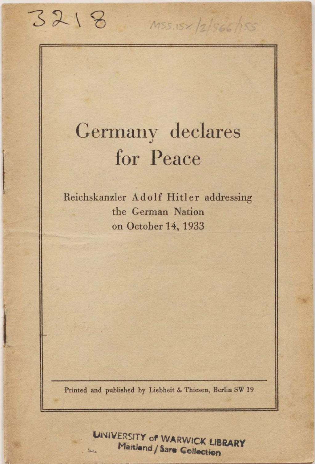 Germany declares for peace