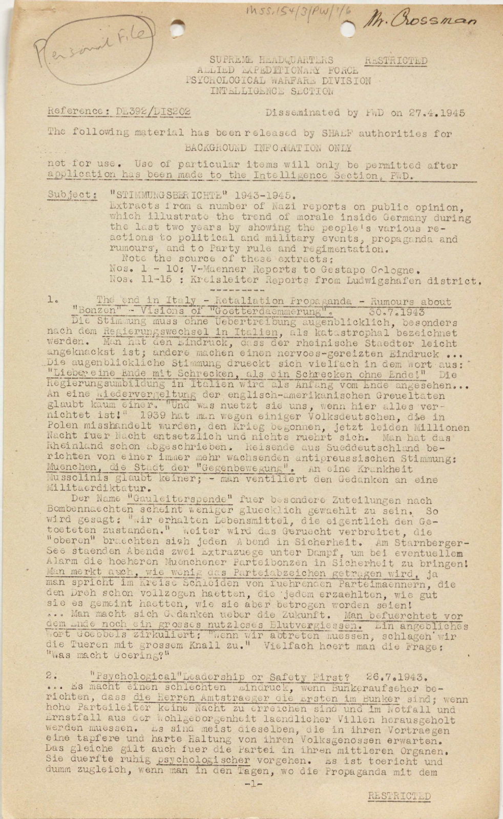 Extracts from Nazi reports on public opinion, 1943-1945