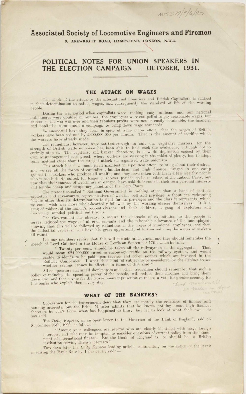 Political notes for union speakers in the general election campaign, 1931