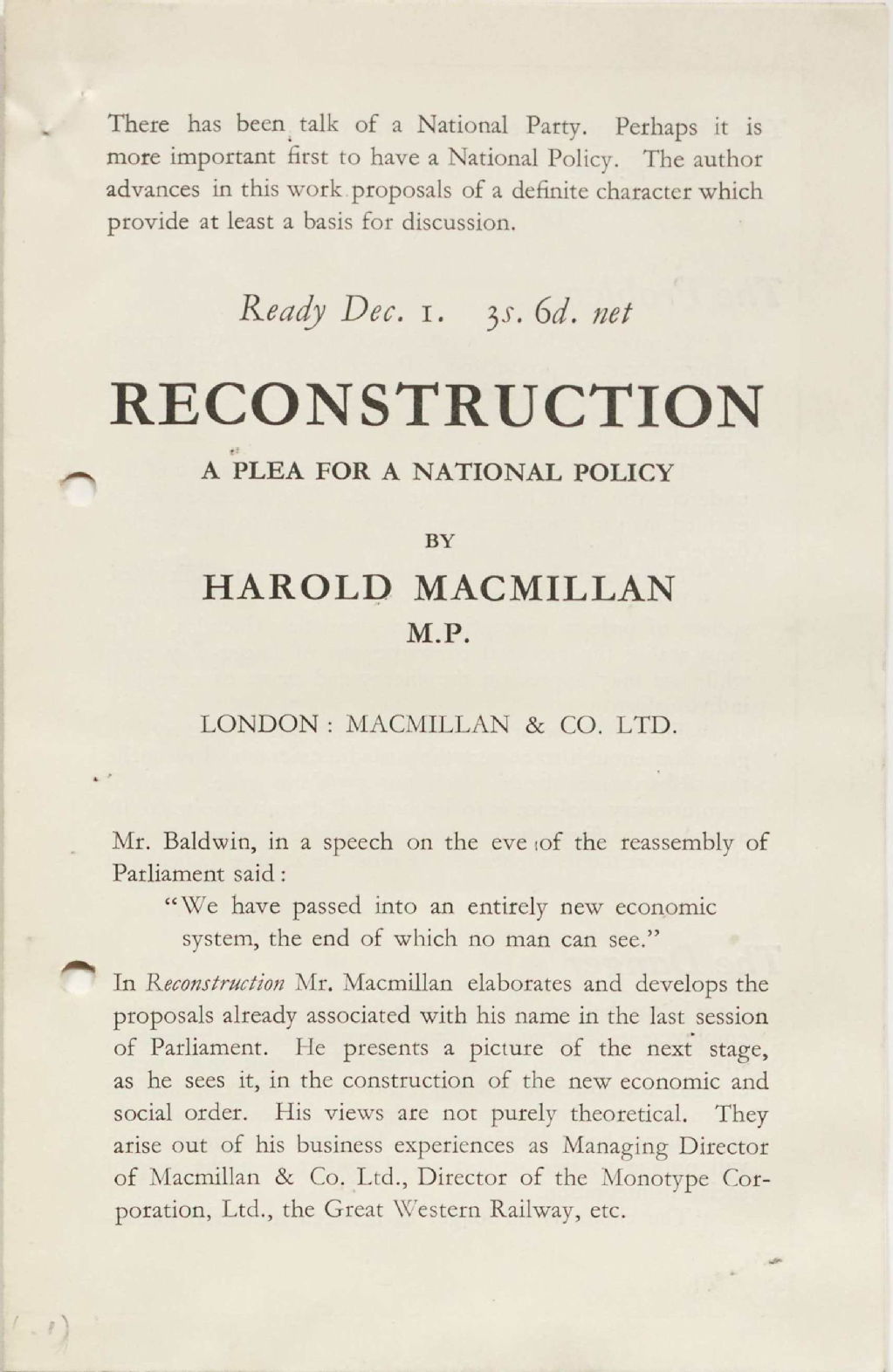 Reconstruction: a plea for a national policy, 1933
