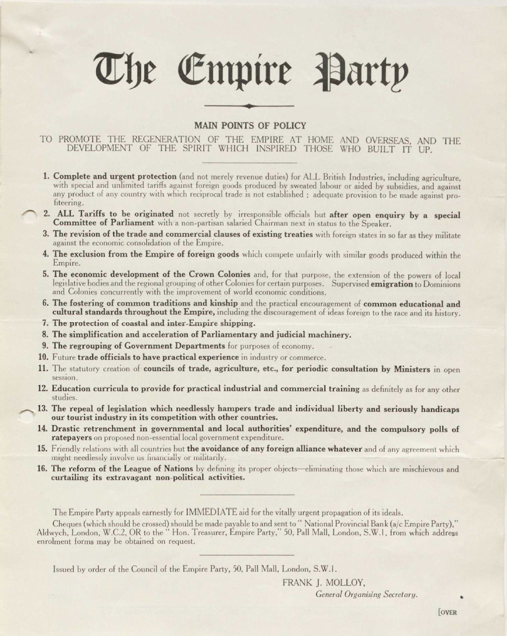 The Empire Party: Main points of policy, 1932