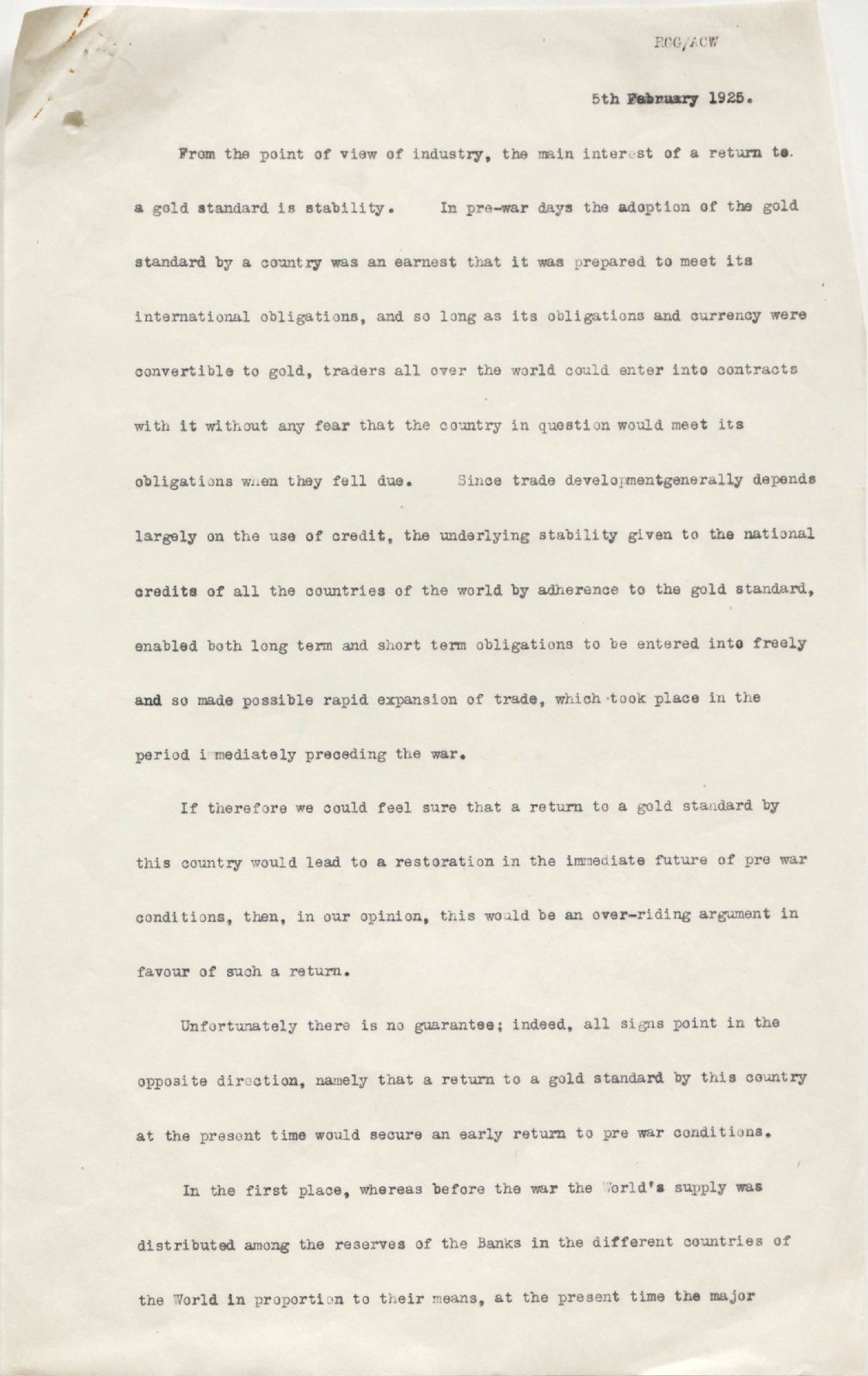 Draft memorandum on the proposed return to the Gold Standard, 1925
