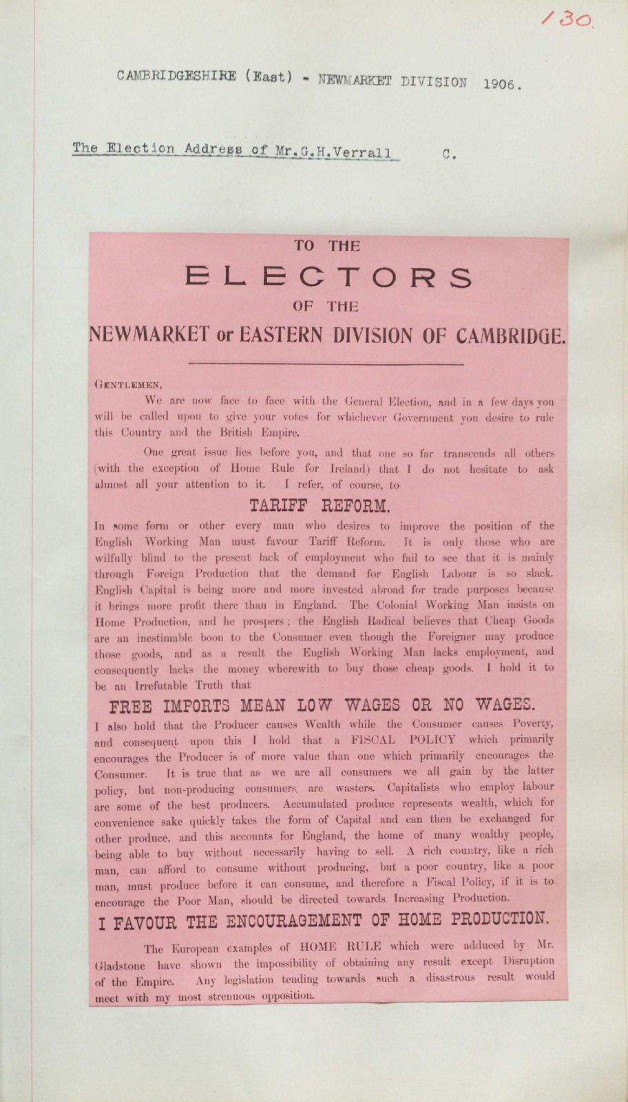 Election address of G.H. Verrall, 1906