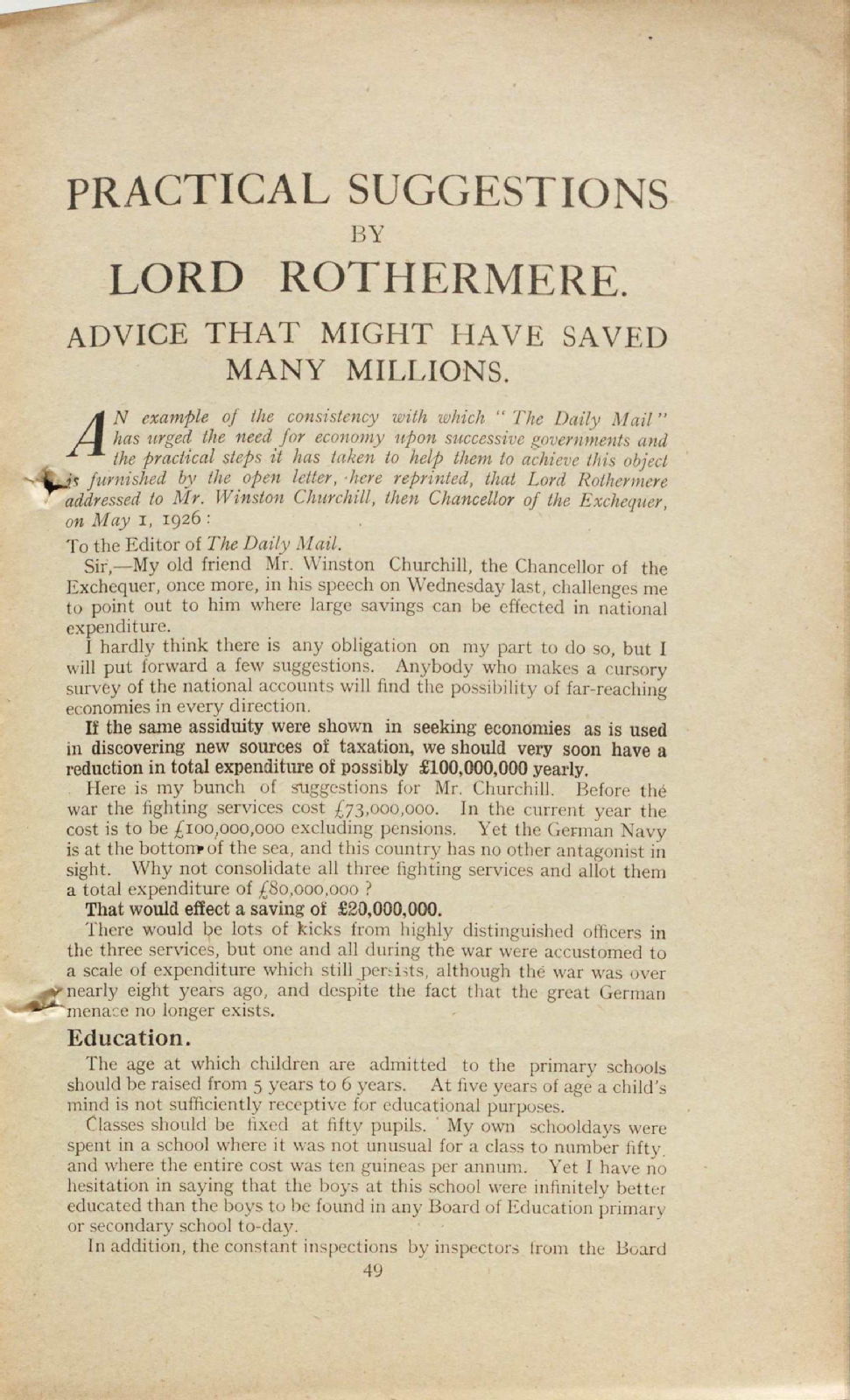 Practical suggestions by Lord Rothermere