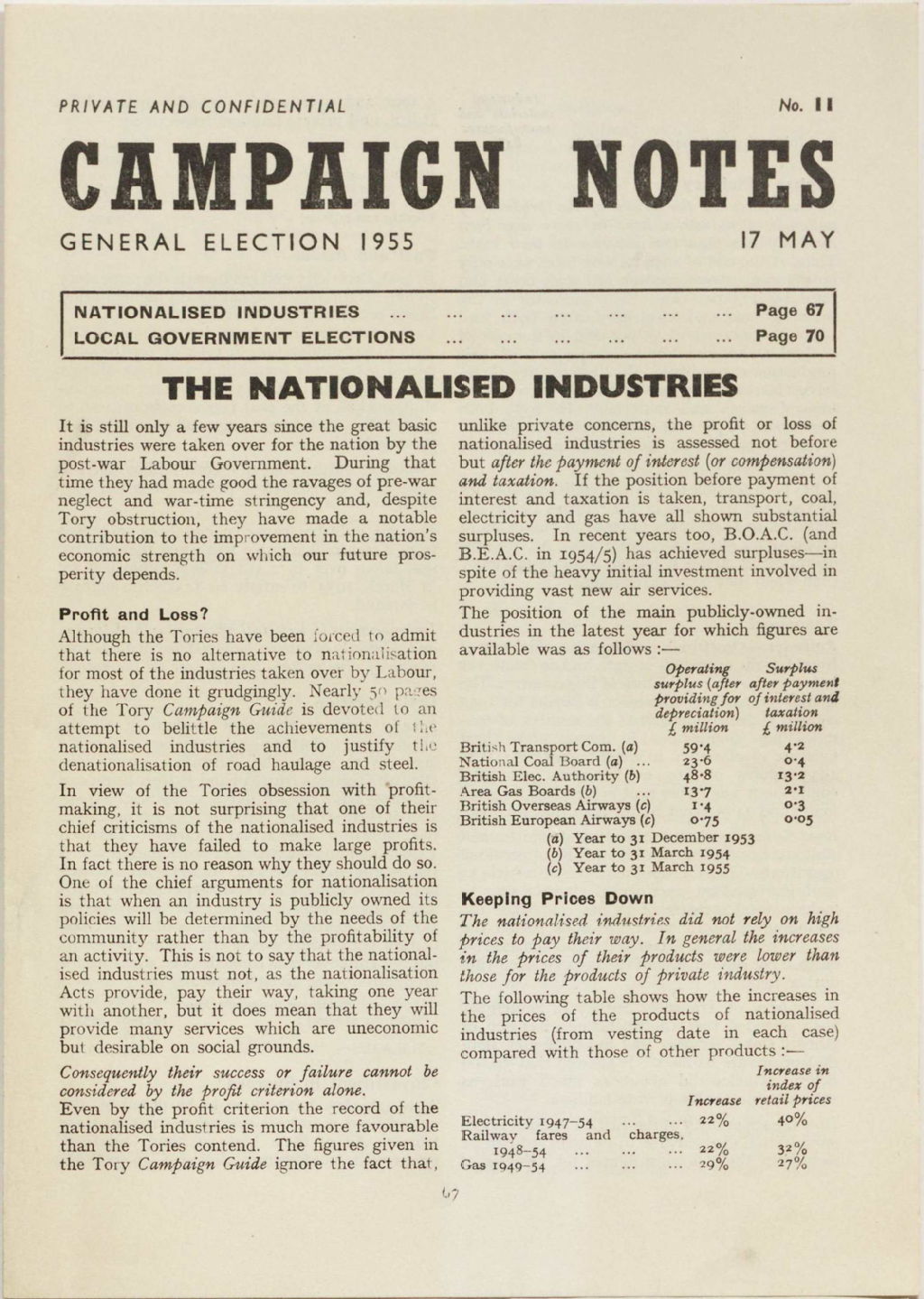 Campaign notes on nationalisation, 1955