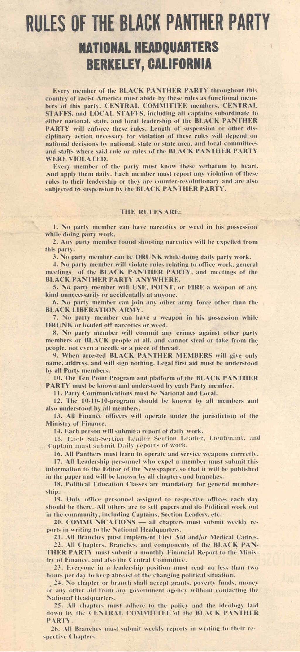 Rules of the Black Panther Party, National Headquarters, Berkeley, California, 1970