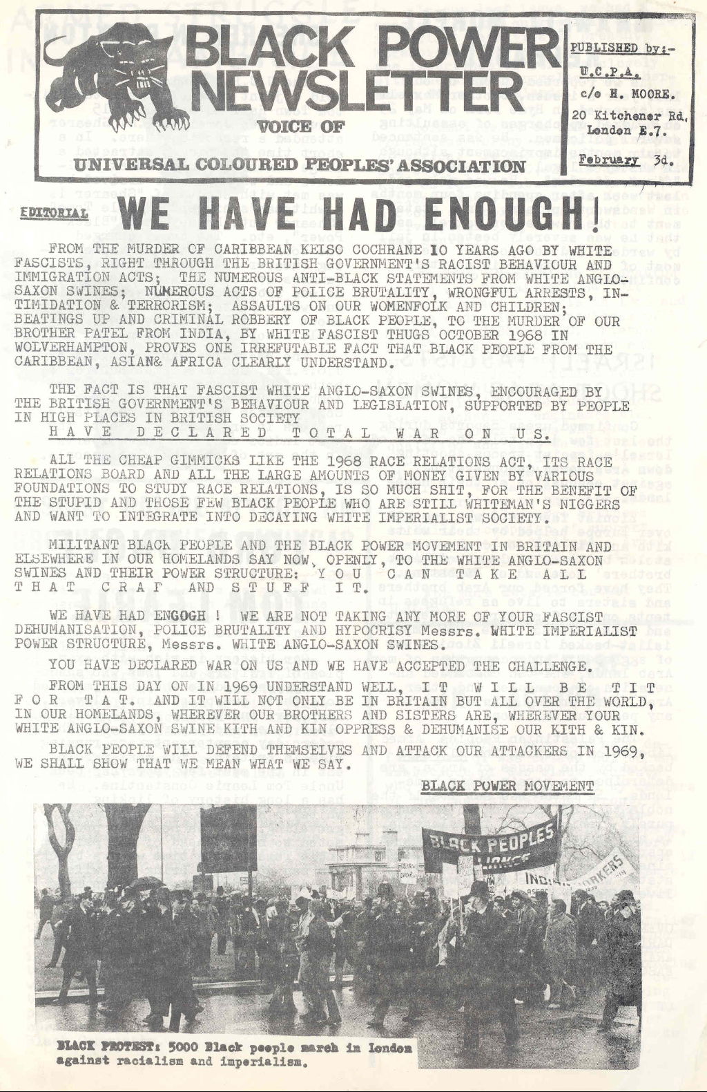'Black Power Newsletter: Voice of the Universal Coloured Peoples' Association', February 1969