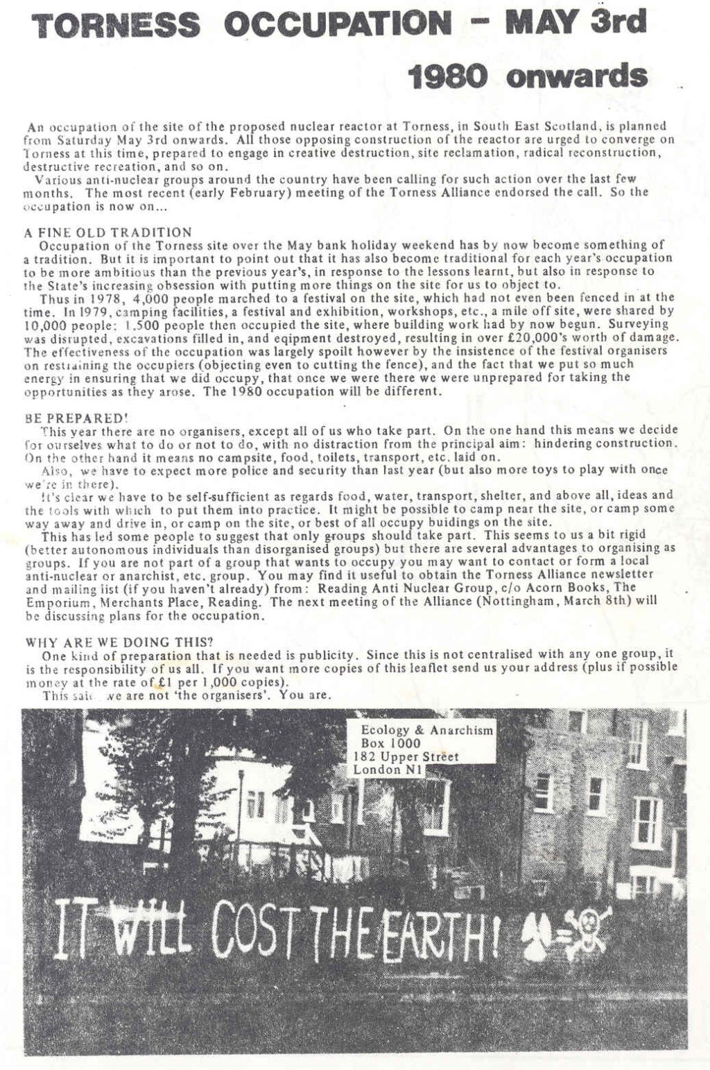 'Ecology and Anarchism' group: leaflet about proposed 'Torness Occupation', 1980