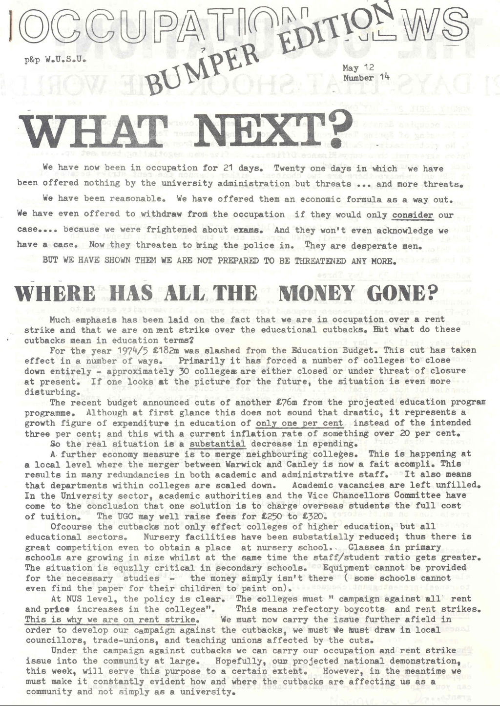Warwick University Students' Union 'Occupation News', 12 May 1975