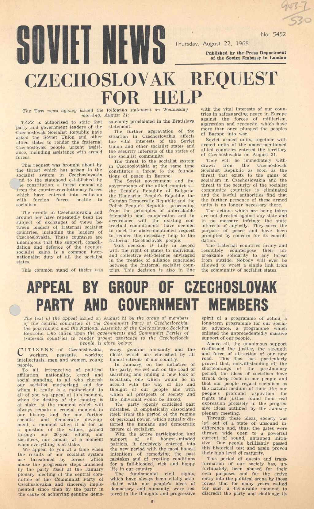 'Soviet News': 'Czechoslovak request for help', 22 August 1968