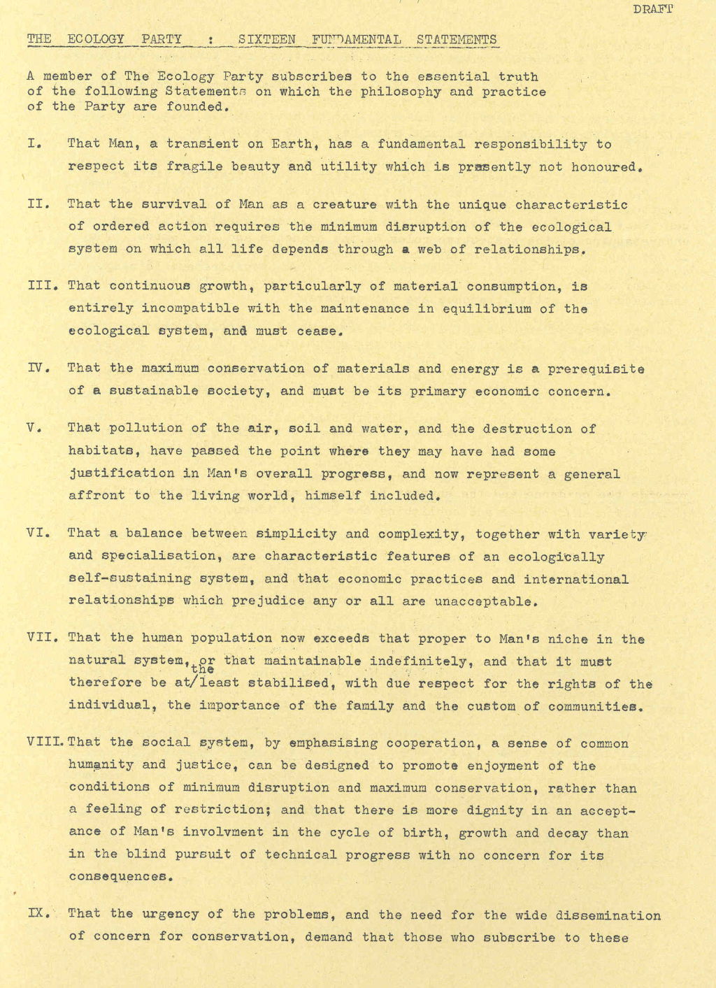 'The Ecology Party: Sixteen fundamental statements' (draft), 1977