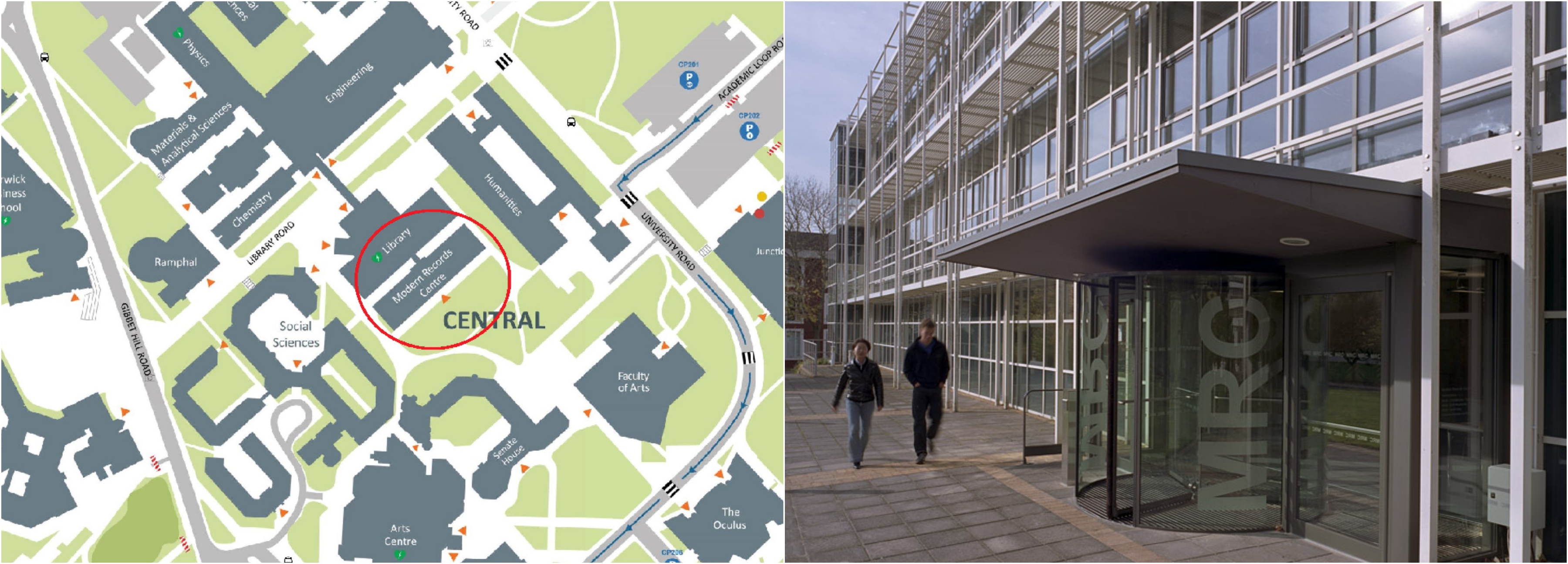 Two images: (1) section of the map of central campus, with the MRC circled in red; (2) photograph of the front of the MRC building