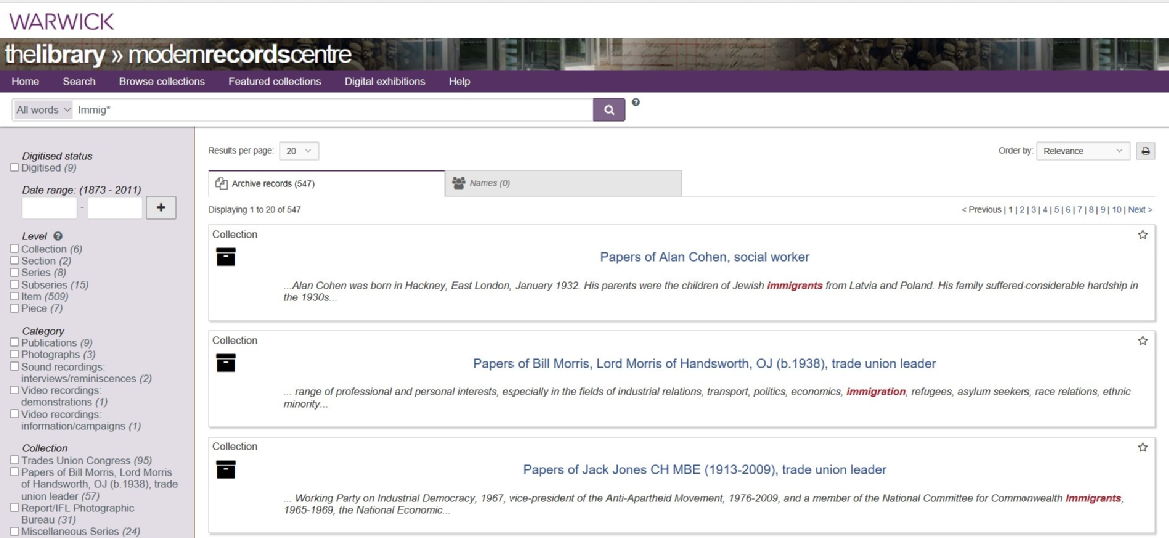 Image of search results in the Modern Records Centre catalogue