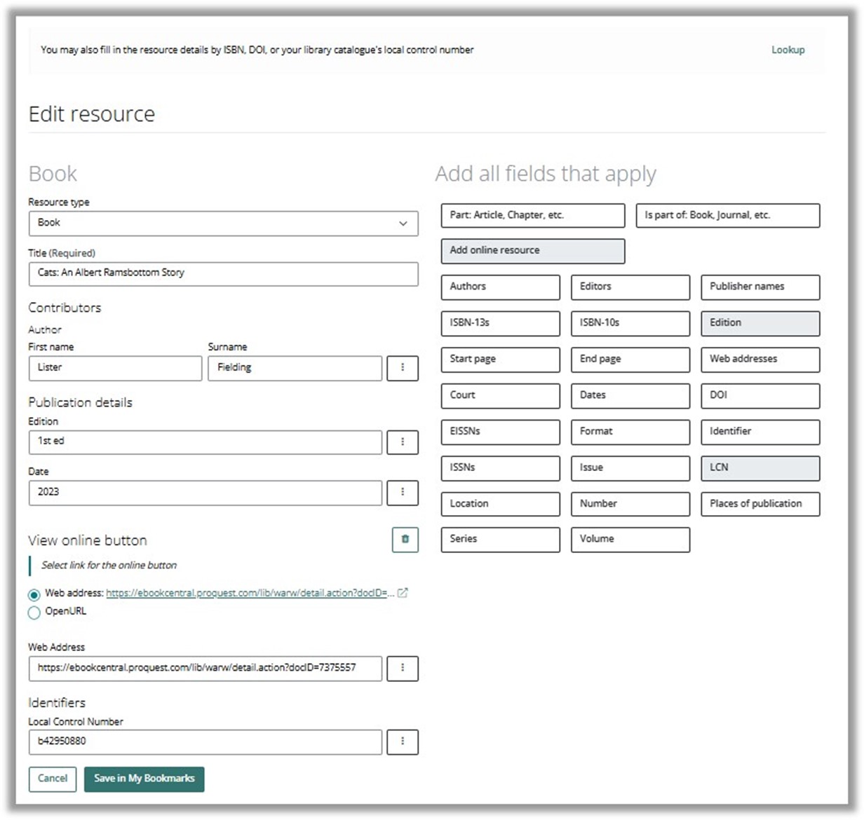 View of the Edit Resource screen