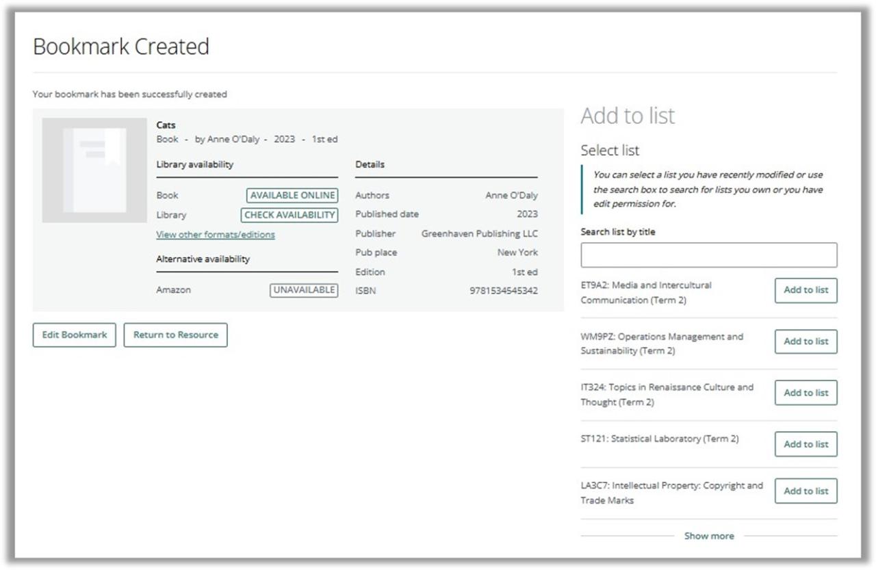 A view of the Bookmark Created screen where you can also add the bookmark to a reading list