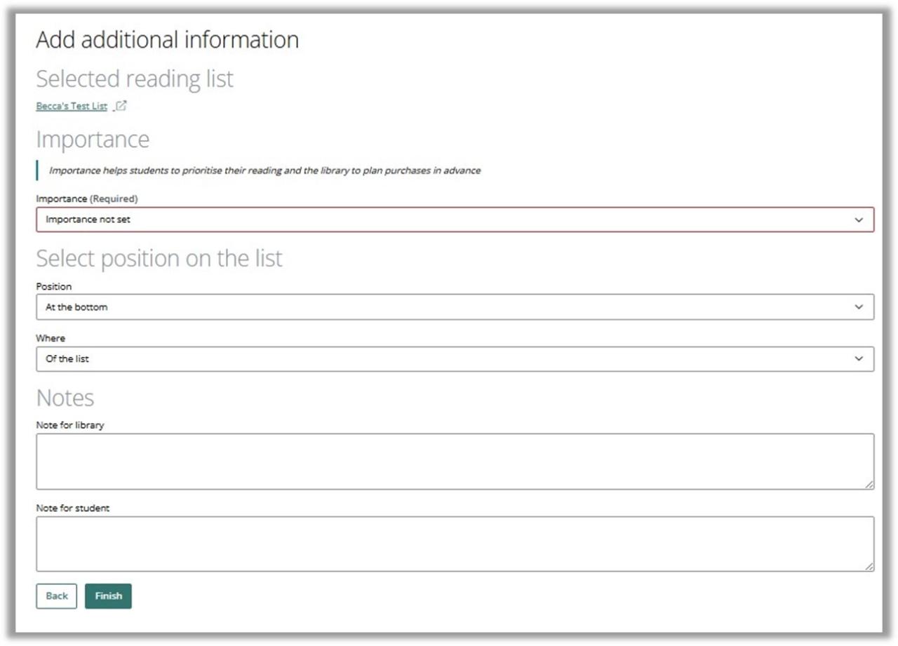 A view of the Add Additional Information screen for adding the bookmark to a reading list