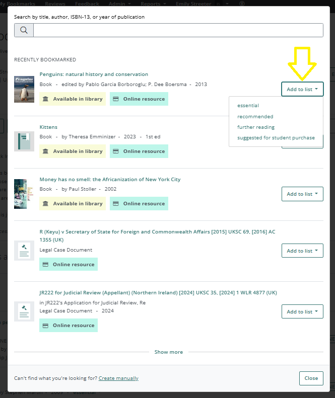 A screen grab showing how to add a resource from your existing bookmarks to a reading list.