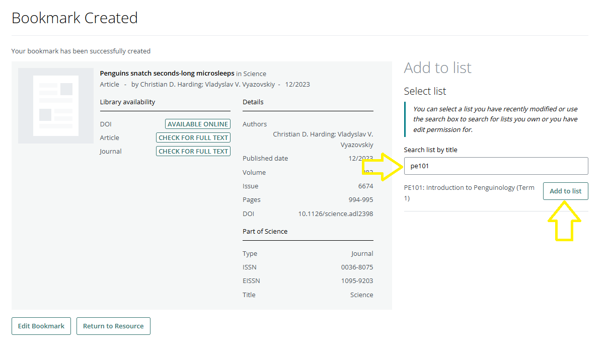 A screen grab showing how to add a newly created bookmark to your reading list from the bookmarking workflow.