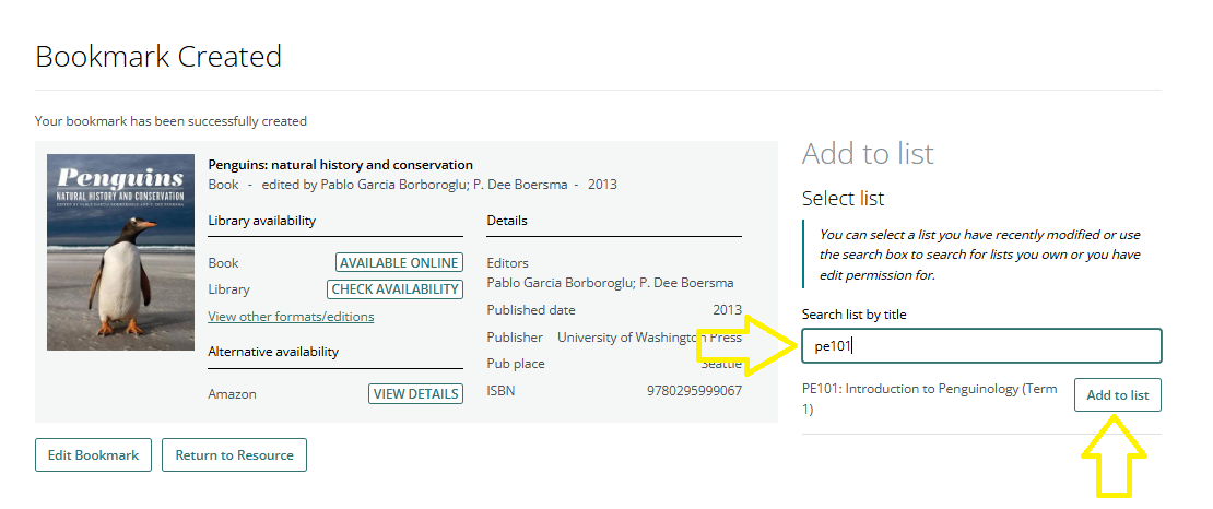 A screen grab showing how to add a newly created bookmark to your reading list from the bookmarking worflow.