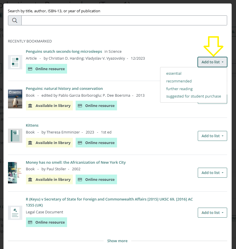 A screen grab showing how to add a resource from your existing bookmarks to a reading list.