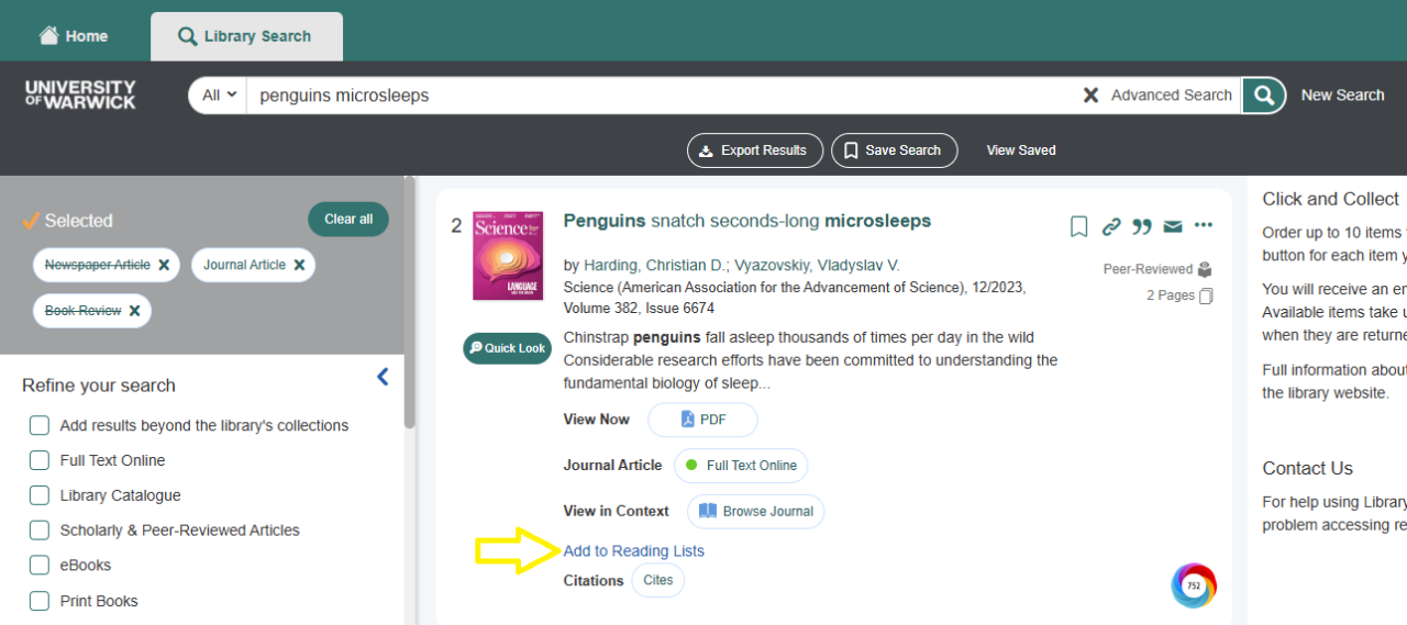 A screen grab showing the "add to reading list" hyperlink next to a Library record.