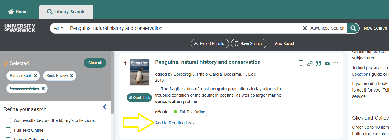 A screen grab showing the "add to reading list" hyperlink next to a Library record