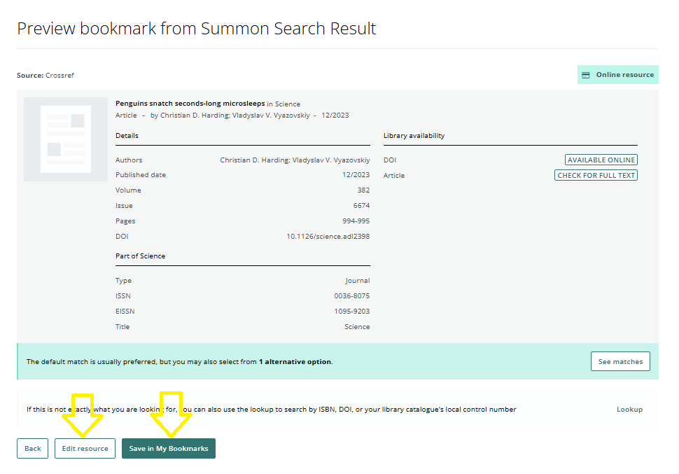 A preview of a bookmarked created of a resource from the Library Catalogue