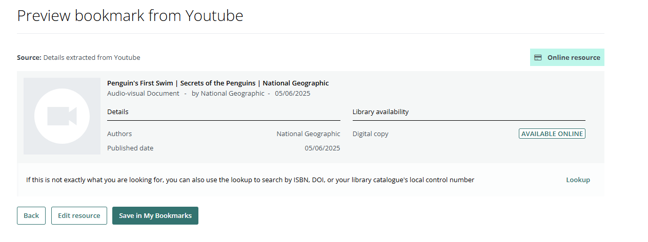 A screen grab of a  preview of a resource bookmarked from Youtube