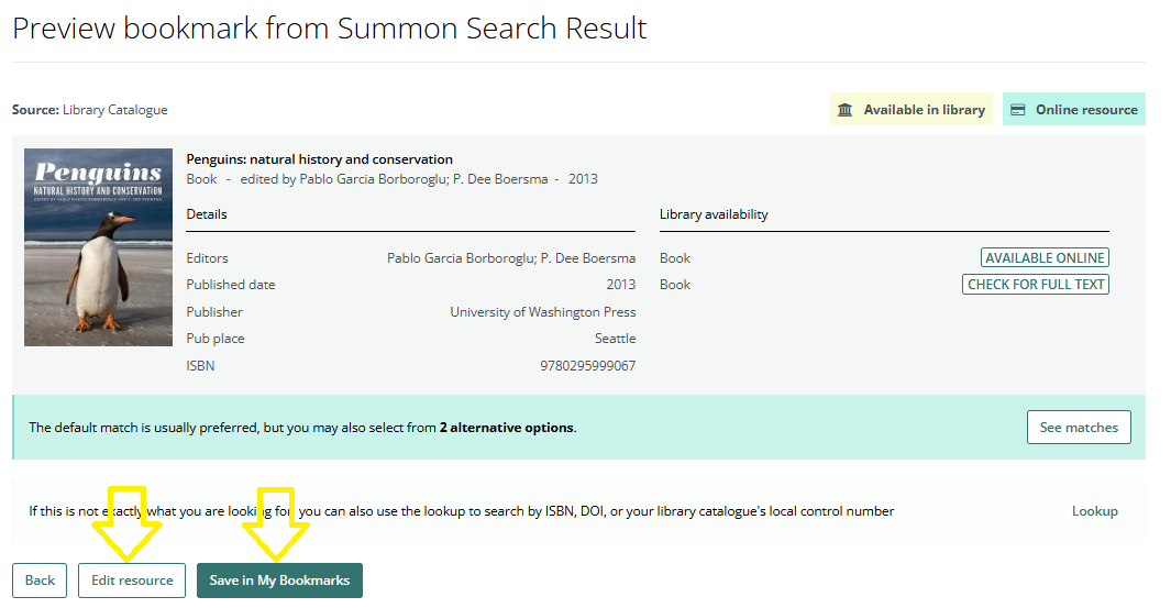 A preview of a bookmarked created of a resource from the Library Catalogue