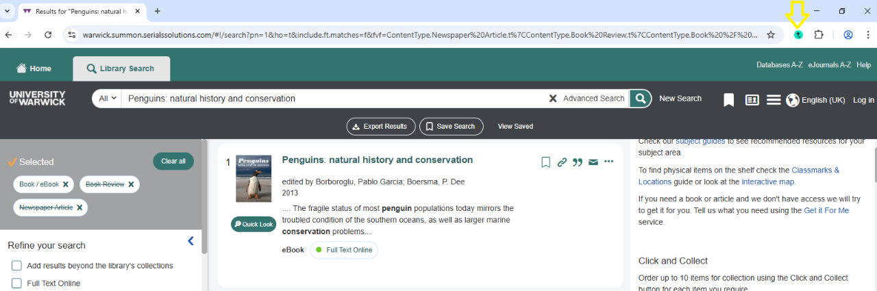 A screen grab of the Talis Bookmarking Extension button showing on a browser tab