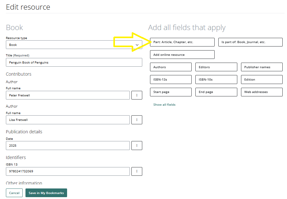 A screen grab showing how to add a field for chapter info in the bookmark metadata