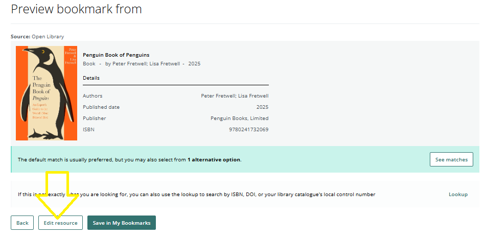 A screen grab showing how to edit the resource from the bookmark preview screen