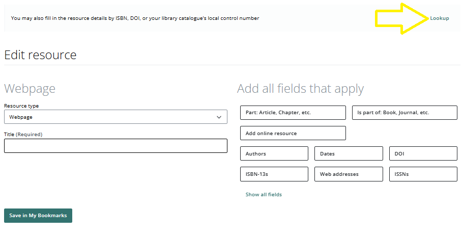 A screen grab showing how to launch the Lookup feature from the Edit Resource screen.