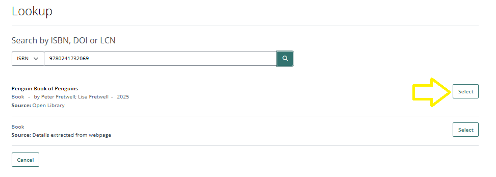 A screen grab showing how to select a suggested booking when using the Lookup feature