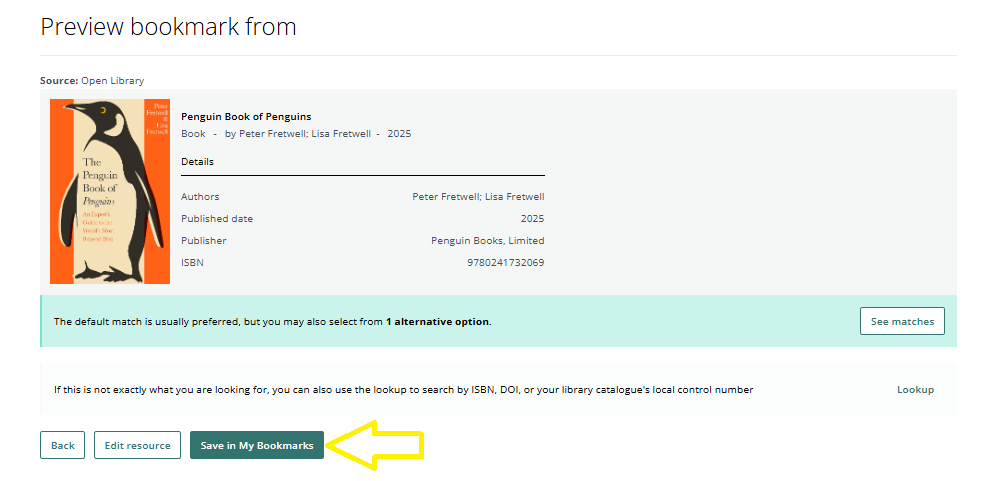 A screen grab showing a preview of the bookmark created using the Lookup feature.