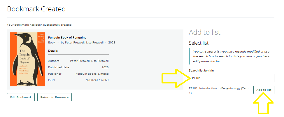 A screen grab showing how to add your bookmark (newly created using the Lookup feature) directly to a reading list