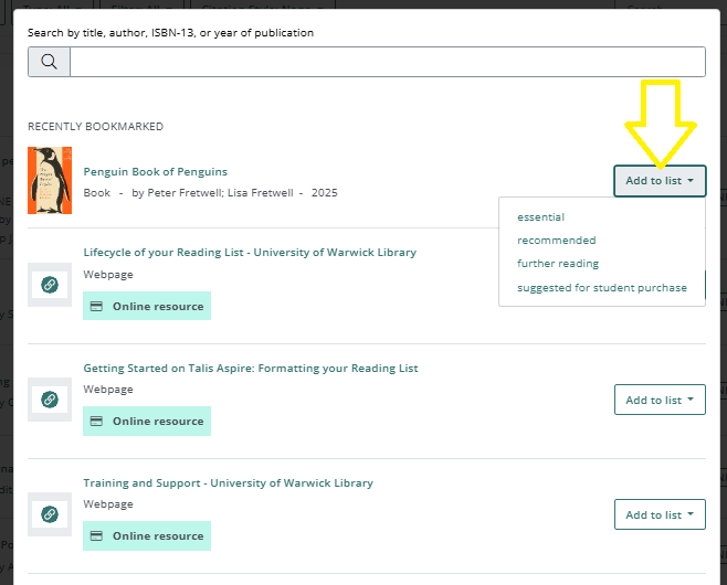 A screen grab showing how to add a newly created bookmark to the reading list using the Add Resource feature